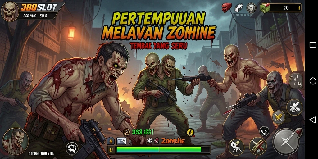 Antarmuka permainan 380SLOT saat menembak zombie.