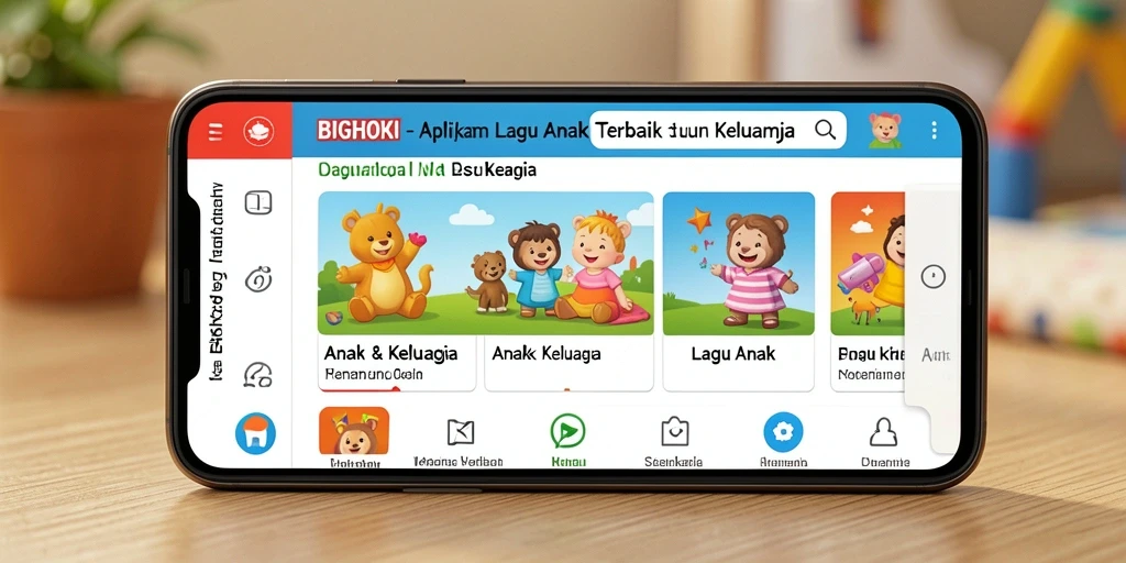 Tampilan antarmuka BIGHOKI dengan lagu-lagu anak yang menarik.