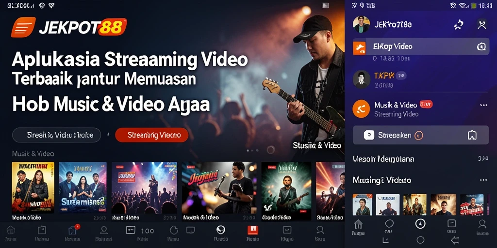 Antarmuka JEKPOT88 menampilkan berbagai video musik dan acara streaming.